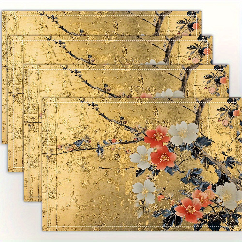 E-shop 4er-Set, Elegante florale japanische goldene Kunstwerke Tischsets, modischer Tischdecken-Druck, für Esstisch, Küche, Party, Innenbereich, ,