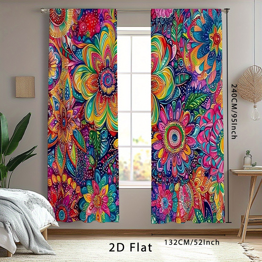 TEMU 2D Plat - 2D Plat - Ensemble de 2, Rideaux à motif floral mandala de style bohème en impression 2D plate, disponibles en options occultantes