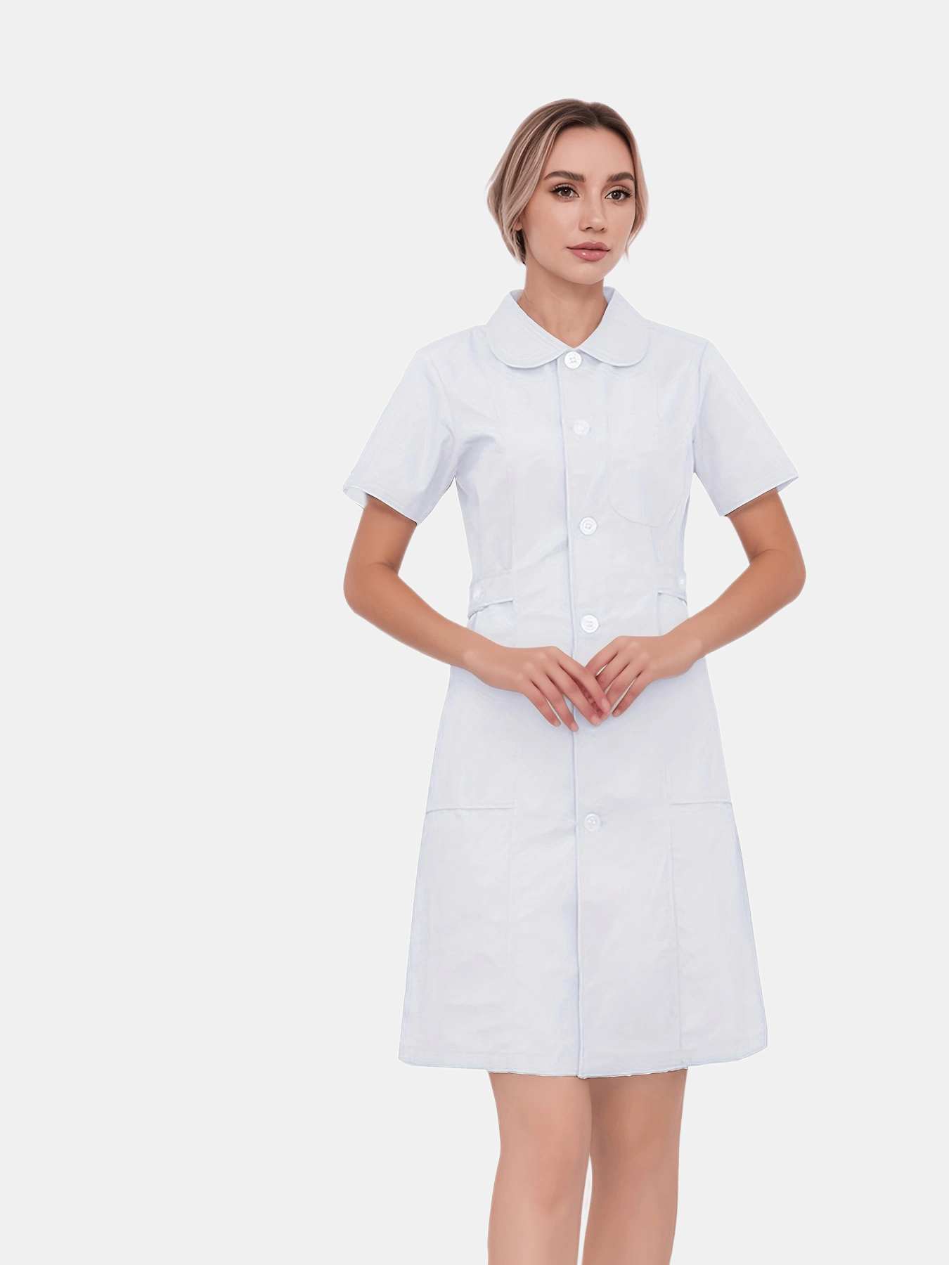 Robe de chirurgien à manches courtes pour femmes Coupe ajustée, couleur  blanche avec boutons et poches pour les médecins et les infirmières,