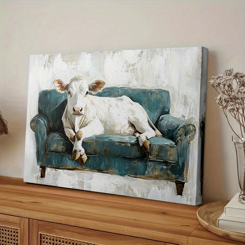 Image of 2d Flat, 1pc Cow Wall - Framed Cow Suitable For Modern Living Room & Office Decor, Wrap-around Canvas Frame With Wood Frame, Rustic Cow On Couch Decoration For Scandinavian Or Country Accent, 2d Flat