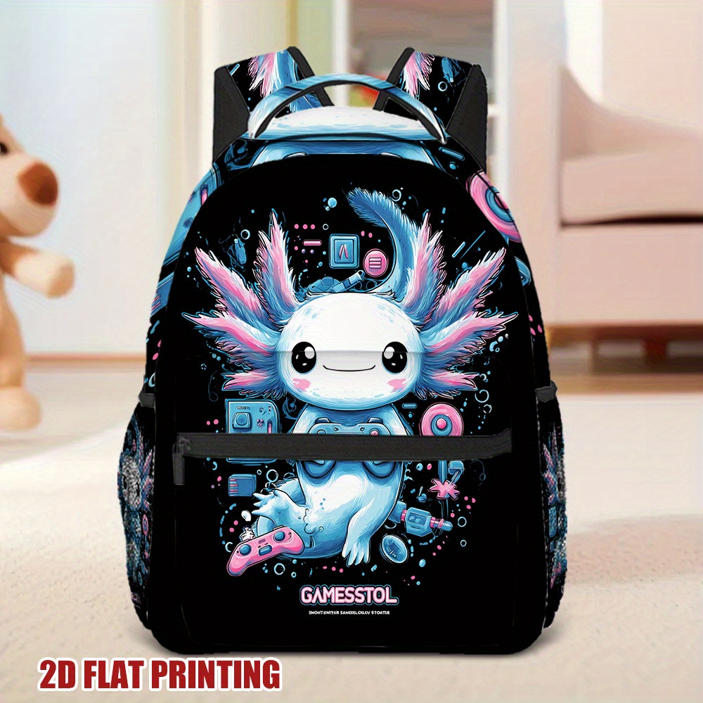 TEMU 1pc Gaming Axolotl Joy Backpack - Cute Cartoon Axolotl With Wings & Gaming Controllers Print, Lightweight Durable Fabric, Zipper Closure, For