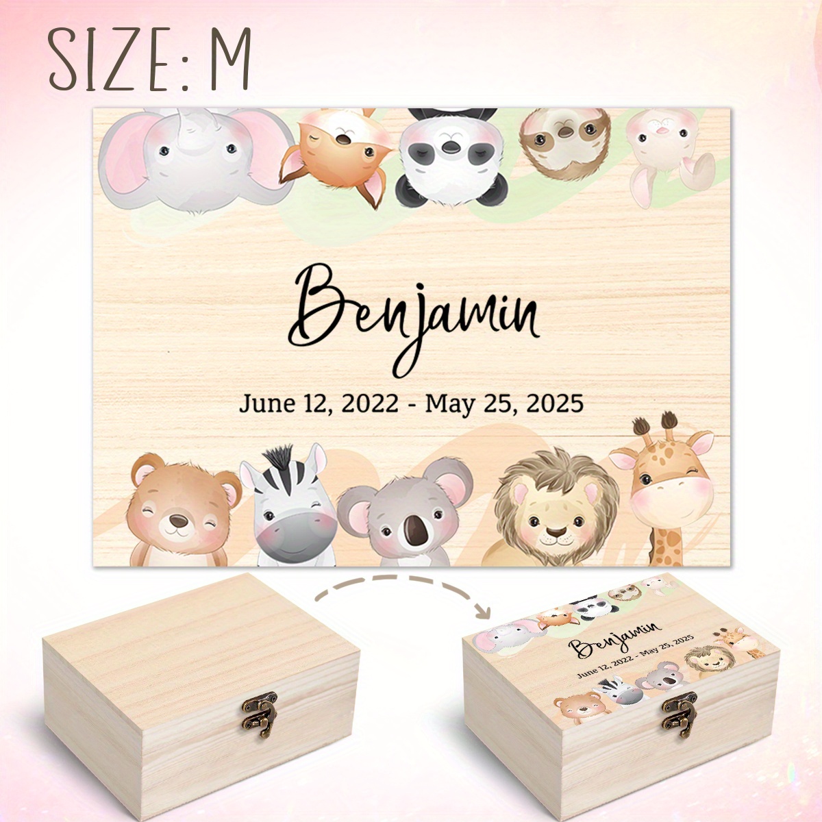 E-shop Personalisierte Aufbewahrungsbox mit Deckel, Cartoon Wald Zoo Muster, Text Personalisierte Holzkiste, Willkommensparty Geschenk, Persönliche