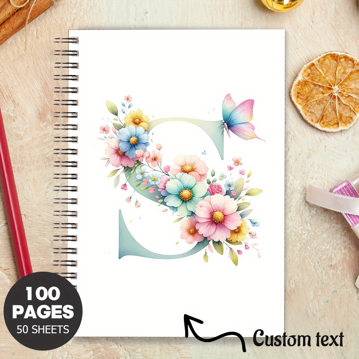 TEMU 1pc Customizable Spiral Notepad Journal - Bohemian & Alphabet Design, Personalized With Your Text, High-quality Paper, Ideal For Travel,