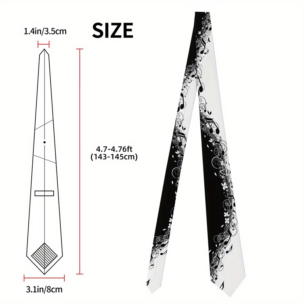 TEMU 1pc Black & White Music Treble Clef Print Tie - , Stylish Floral & Musical , Perfect For Formal Events, Father's Day Gift, And Lounges, Formal