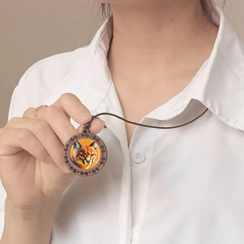 Fierce Cat Wooden Pendant Necklace, Unisex Adjustable Cord