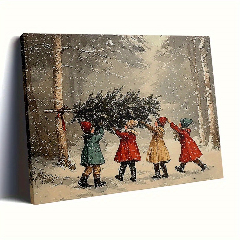 TEMU de Transport d'Arbre de Noël Vintage - Art Mural sur Toile Encadrée 12x16 Pouces Peinture Rustique Forêt Hivernale avec Arbres Enneigés et