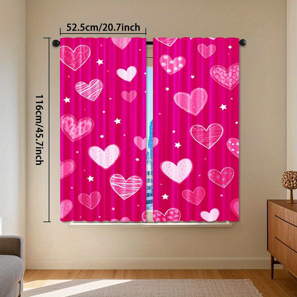 TEMU 2pcs Pink Heart & Star Window Curtains - Semi- Filtering Window Drapes With Rod Pocket, Hd Window Treatments For Living Room, Bedroom,,