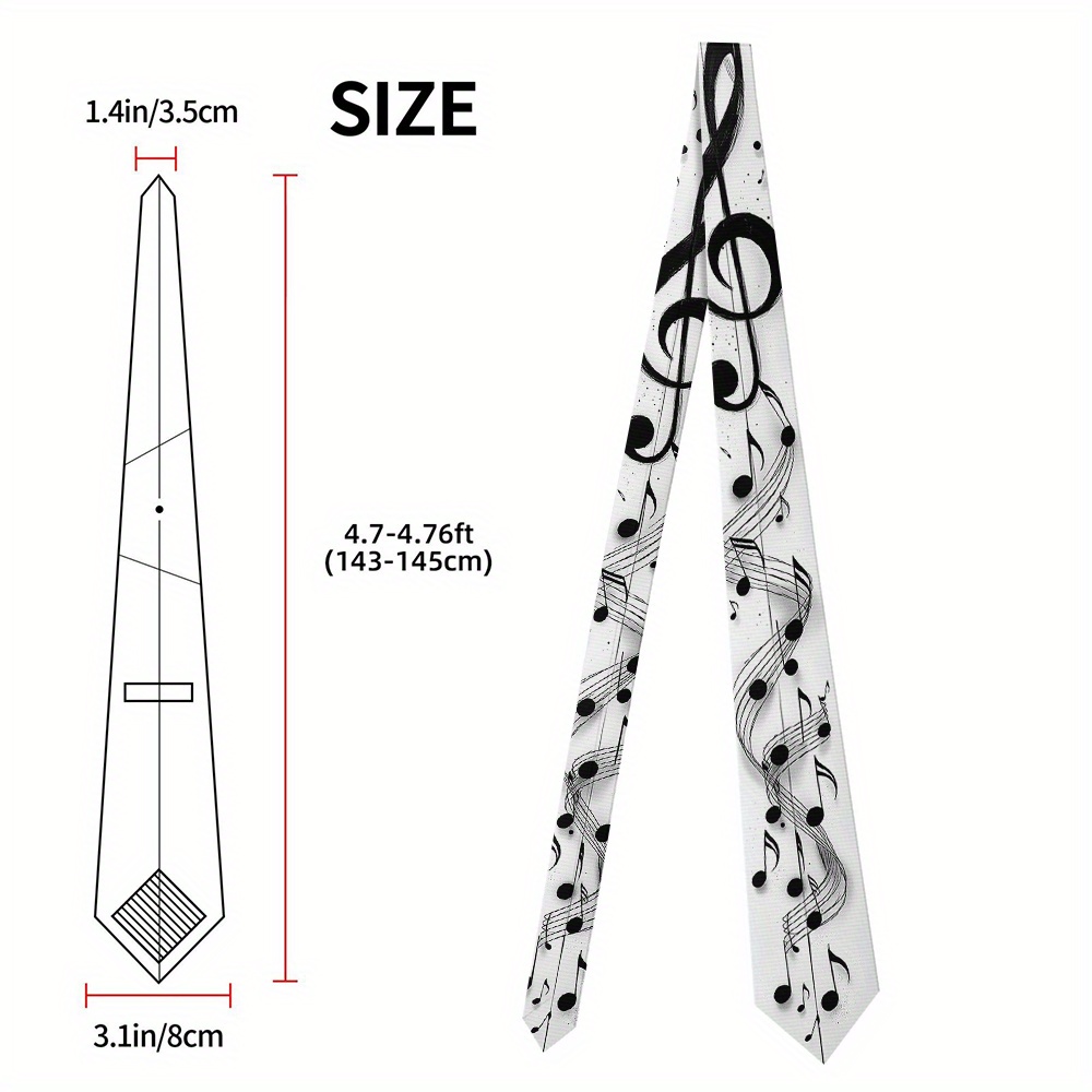 TEMU 1pc Music Notes Treble Clef Print Men's Tie - Black & White Musical Design, , Easy- Washable, Unisex Fun Printed Tie For Father's Day,
