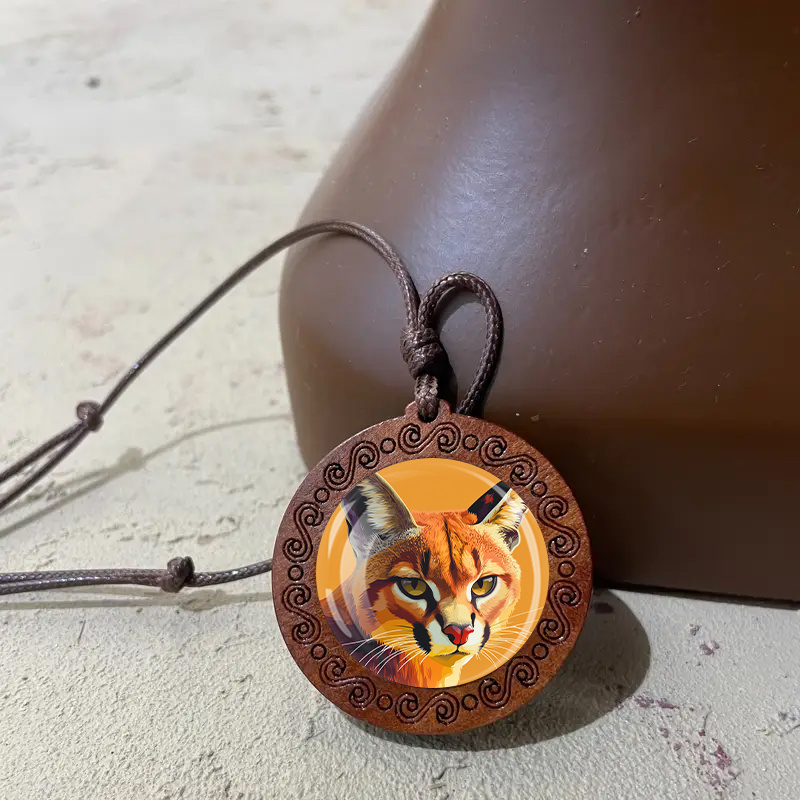 Fierce Cat Wooden Pendant Necklace, Unisex Adjustable Cord