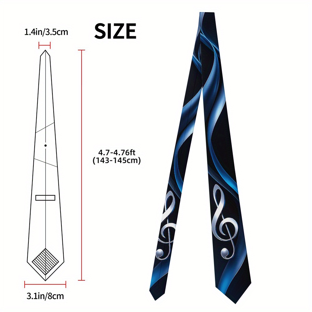 TEMU 1pc, 8cm Wide Printed Tie Treble Clef Music Note Abstract Blue Pattern Men's Tie, From Washable Polyester, A Fun Option For , Lunch Meetings, Or