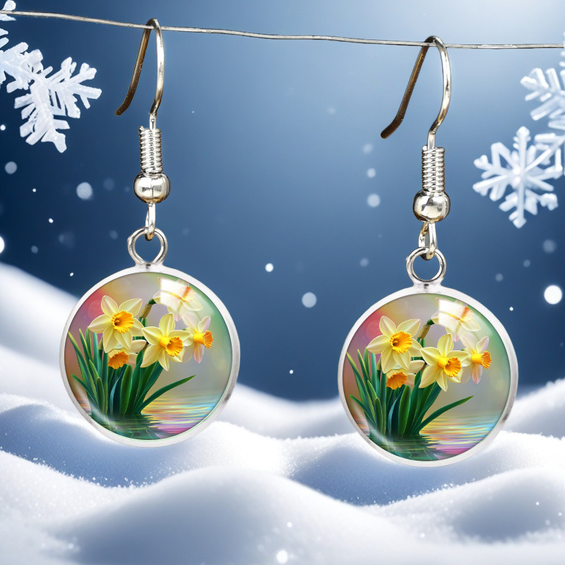 TEMU Vibrant Daffodil Pendant Earrings - Boho-chic, Stainless Steel With Glass Inlay, & Holiday Gifts, Snowy Scene Design, Festive Accessory|vibrant