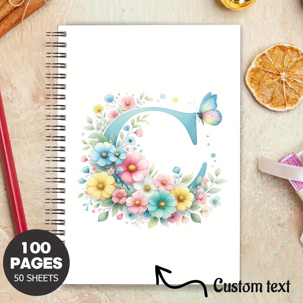TEMU 1pc Customizable Spiral Notepad Journal - Bohemian & Alphabet Design, Personalized With Your Text, High-quality Paper, Ideal For Travel,