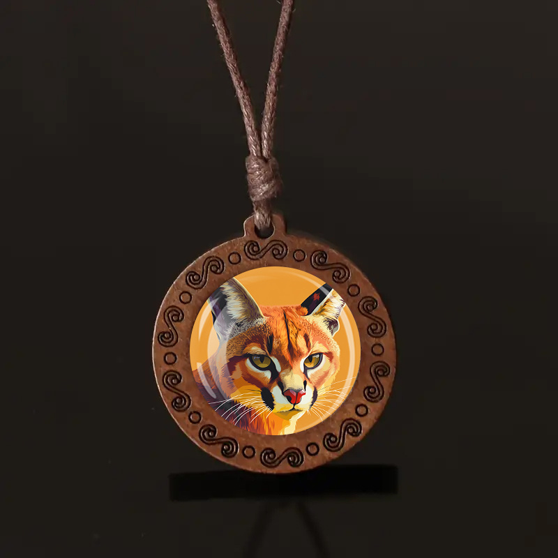 Fierce Cat Wooden Pendant Necklace, Unisex Adjustable Cord