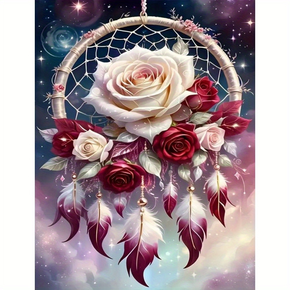 Image of 1pc Floral 5d Full Diamond Painting Kit, Measuring X 15.75 Inches, Round Diamonds, Feathers, And Roses Canvas Art, Suitable For Home Decor