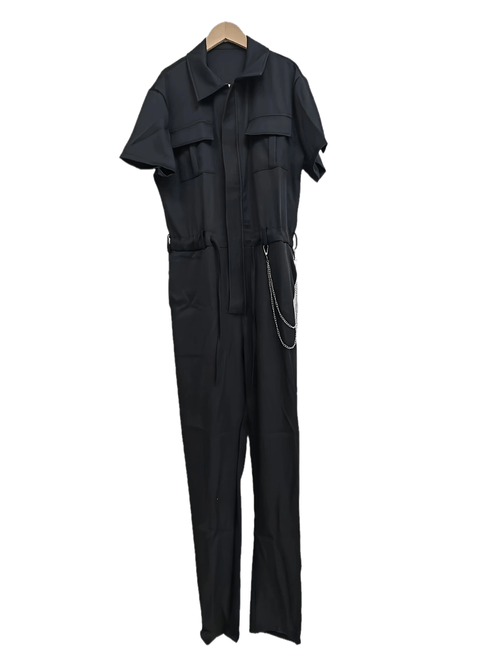 mens casual loose fit jumpsuit with belt cargo uniform set punk rock design detachable silver chain