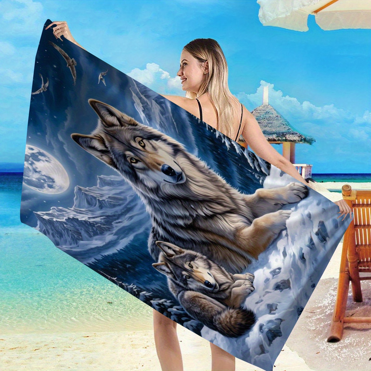 E-shop 1 Stück Großes Wolf & Welpen unter in Schneebergen Strandtuch - Ultraweiches Mikrofaser, Schnelltrocknend, Farbecht, 59"x27.5" Badetuch für