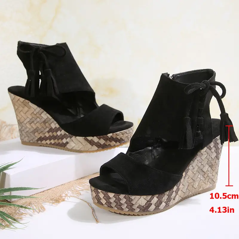 womens summer wedge sandals with thick platform wedge heel side zipper closure fish mouth toe cover upper breathable pu lining comfortable rubber sole black beige casual shoes extended sizes ladies sandals details 6