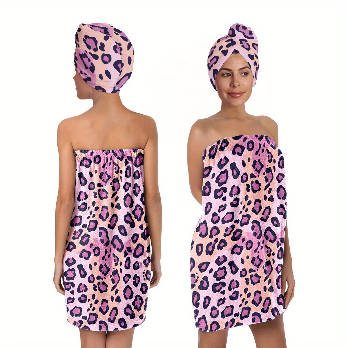 2pcs, Leopard Print Theme Adjustable Bath Skirt Shower Hair Drying Turban Cap Set, Pink And Pattern Bath Towel With Shower Cap, High Absorbency, Very Suitable For Home, Dormitory, And Hotel Use