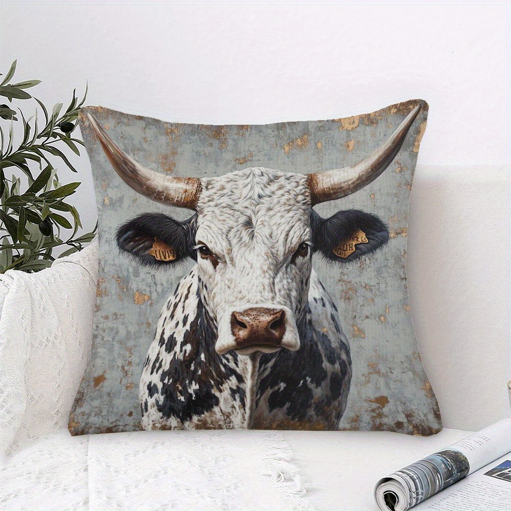 TEMU 1pc, 45.72x45.72cm Double-sided Pillowcase - British Longhorn Cattle Art Print, Decor, Zipper Closure, Hand Wash (pillow Insert Not Included)