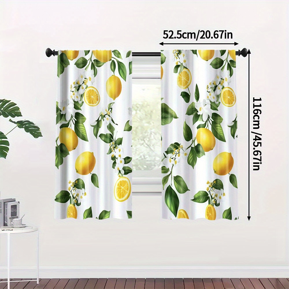 TEMU 2pcs Lemon-themed Sheer Curtains, Green & Yellow Polyester With & Leaf Patterns, Lightweight & Breathable For Living Room, Kitchen, Office, Or