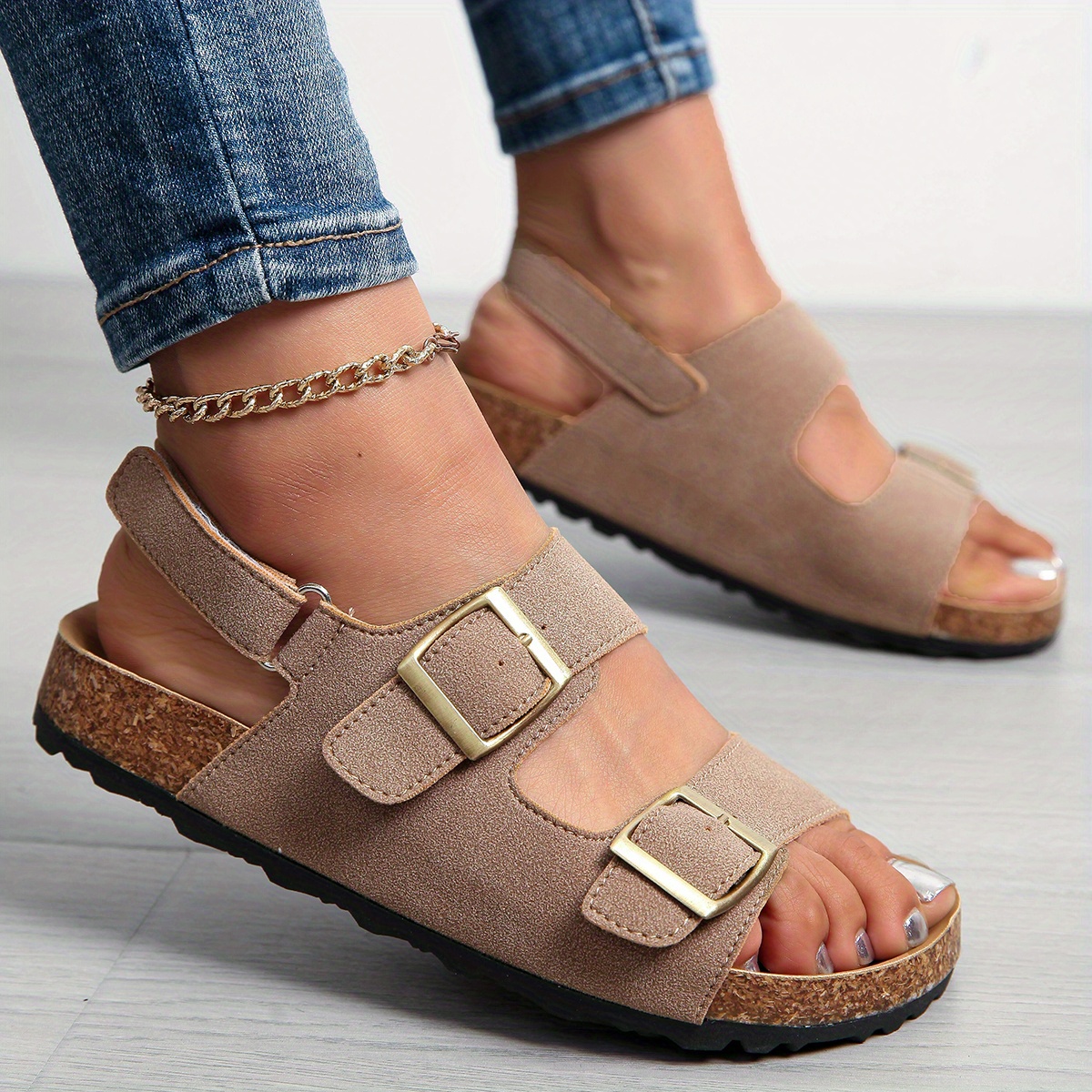 Image of Women's Summer Vintage Fashion Sandals With Belt , Versatile Outdoor Sports Casual Flat Beach Sandals, Plus Size Women's Shoes, Women Shoes