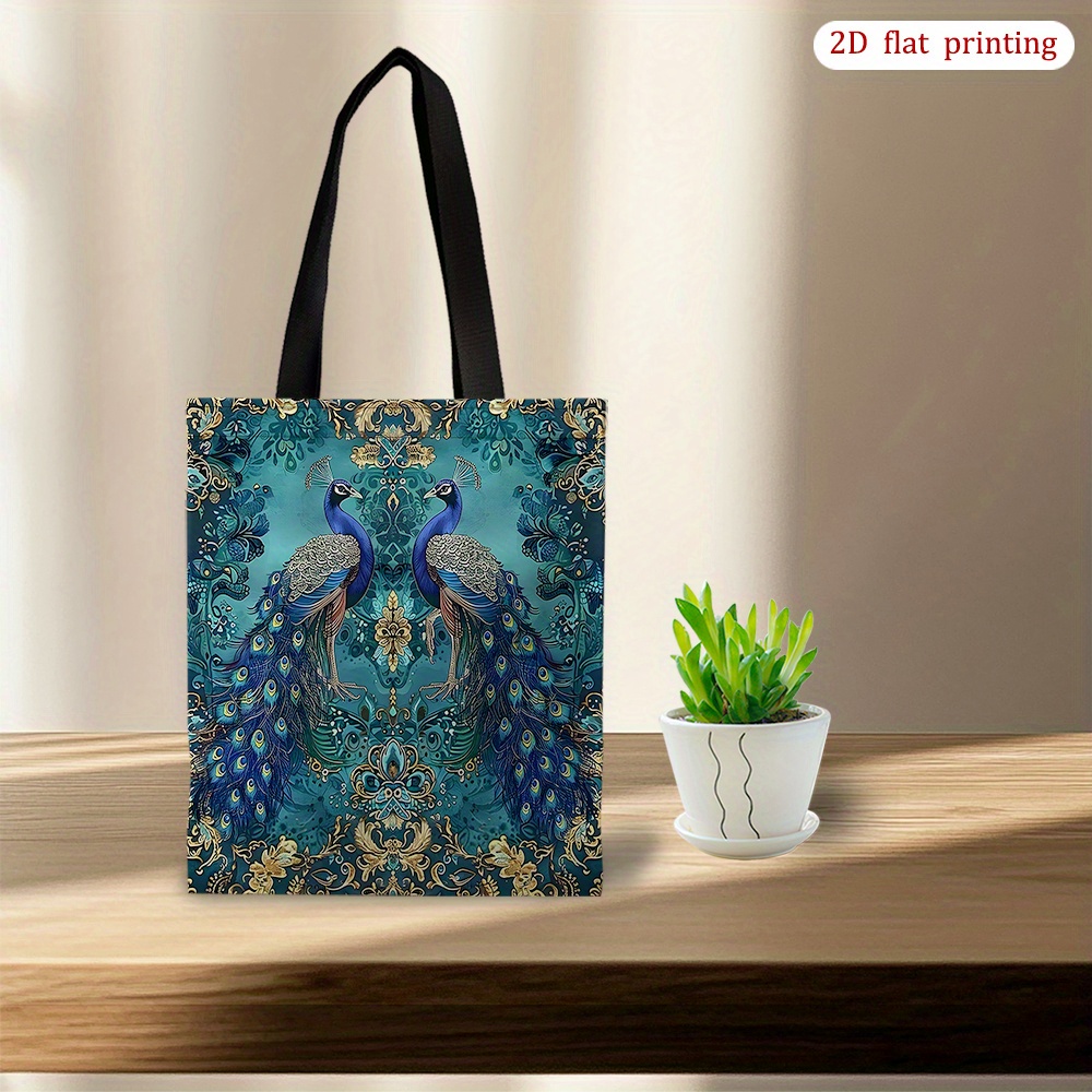TEMU 1pc [2d Flat Printing] Teal Southwestern Feather Peacock Tote Bag - Lightweight And Sturdy, Great For Shopping - Fashionable Shoulder Bag,