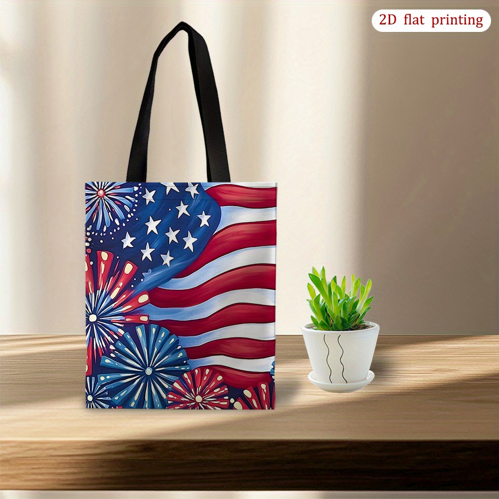 TEMU 1pc [2d Flat Printing] American Flag Patriotic Firework Tote Bag - Spacious & Stylish Shoulder Bag Portable Shopping Bag Travel Beach Bag For Women, Travel, Beach, And Daily Used As A Couple Gift