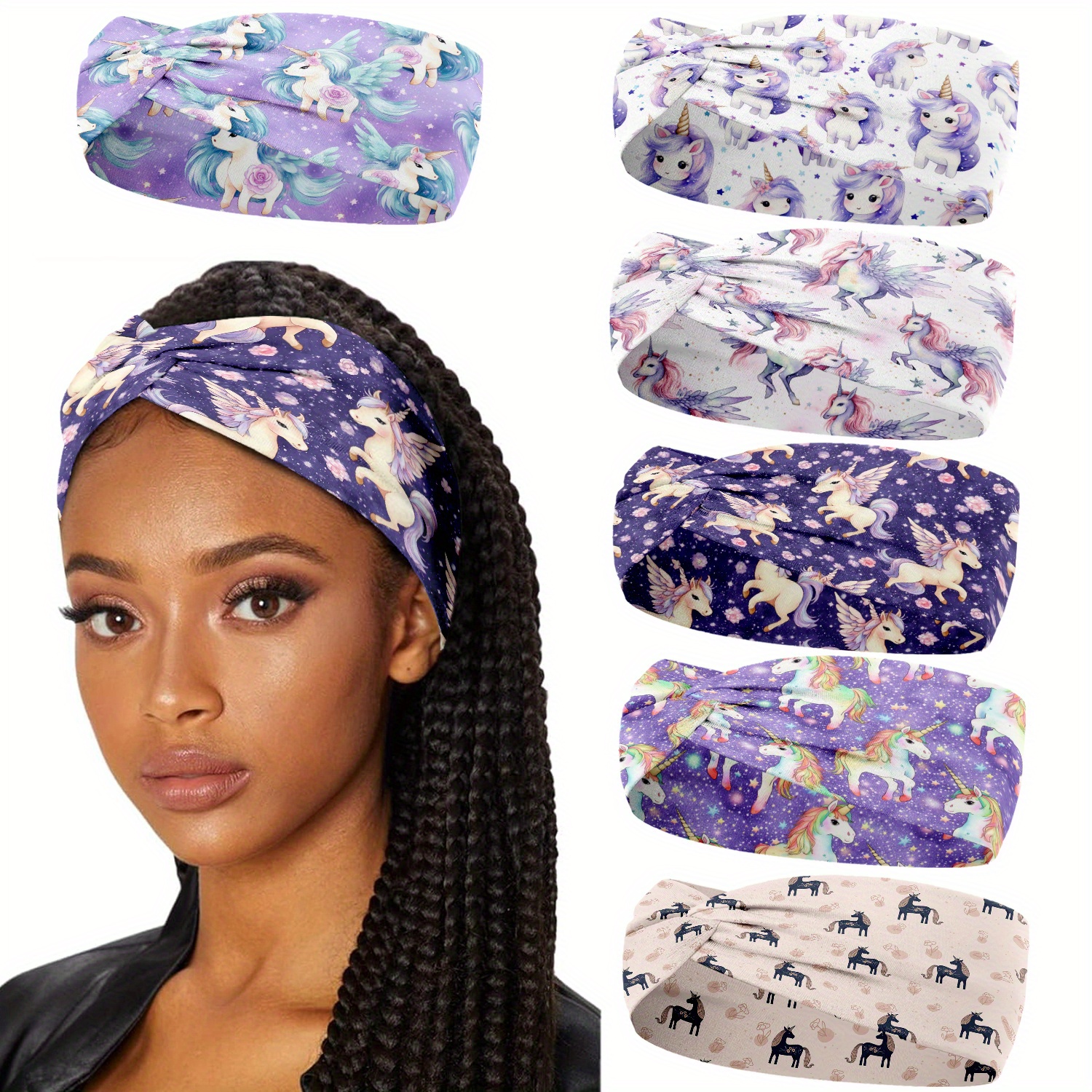 TEMU 6pcs Women's Unicorn Headbands - Vibrant Cartoon Patterns, Thick Fabric, Versatile For Sports & Yoga, Hair Accessories