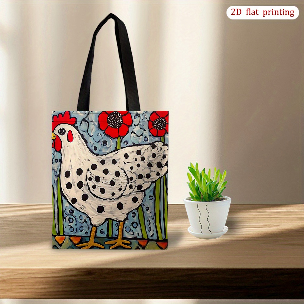 TEMU 1pc [2d Flat Printing] Retro Spotted Chicken Tote Bag - Lightweight & Durable, Shopping - Stylish Shoulder Bag, Versatile Large Capacity, Gift, 2d Flat