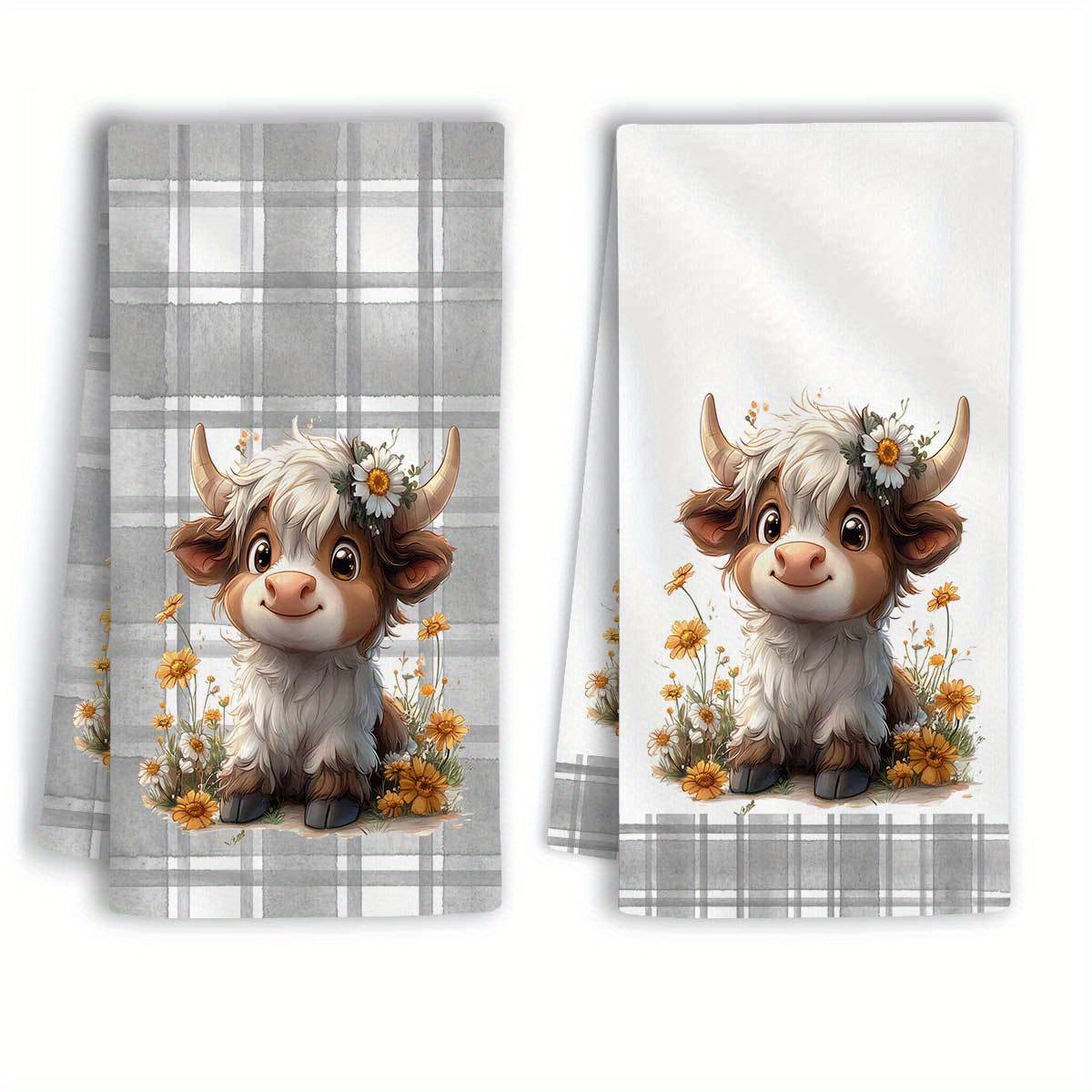 TEMU Of 2 Highland Cow Floral Checkered Dish Towels - Soft And Absorbent Polyester For Kitchen And Bathroom Decor, Adorable Cartoon Style With Yellow