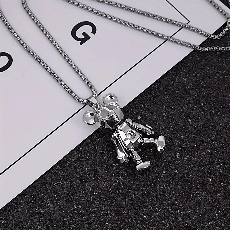 1pc Stainless Steel Moveable Arm/leg Bear Pendant Necklace, Creative Unisex Sweater Chain For Daily Wear