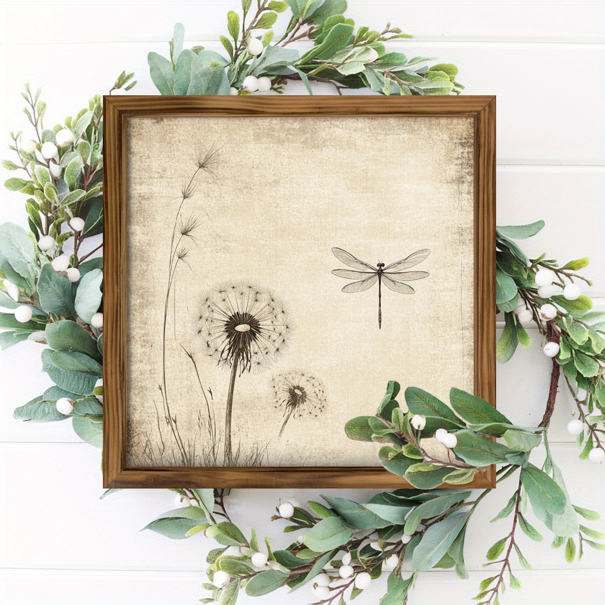 TEMU Retro Dragonfly Dandelion Wall Art - Rustic Style Wooden Frame, Measuring 15cm X 15cm, Decorating Living Rooms, Bedrooms, Or Offices. Easy To