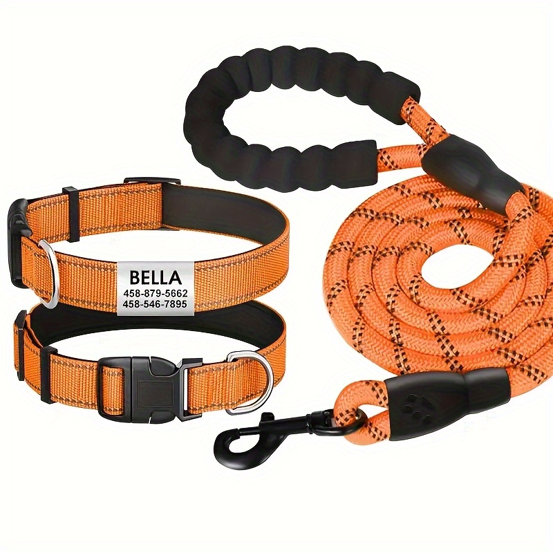 TEMU Customizable Reflective Nylon Dog Collar With Leash - Personalized Name/phone/id Tags, Quick-release , Soft Padded Adjustable Breathable Thick &