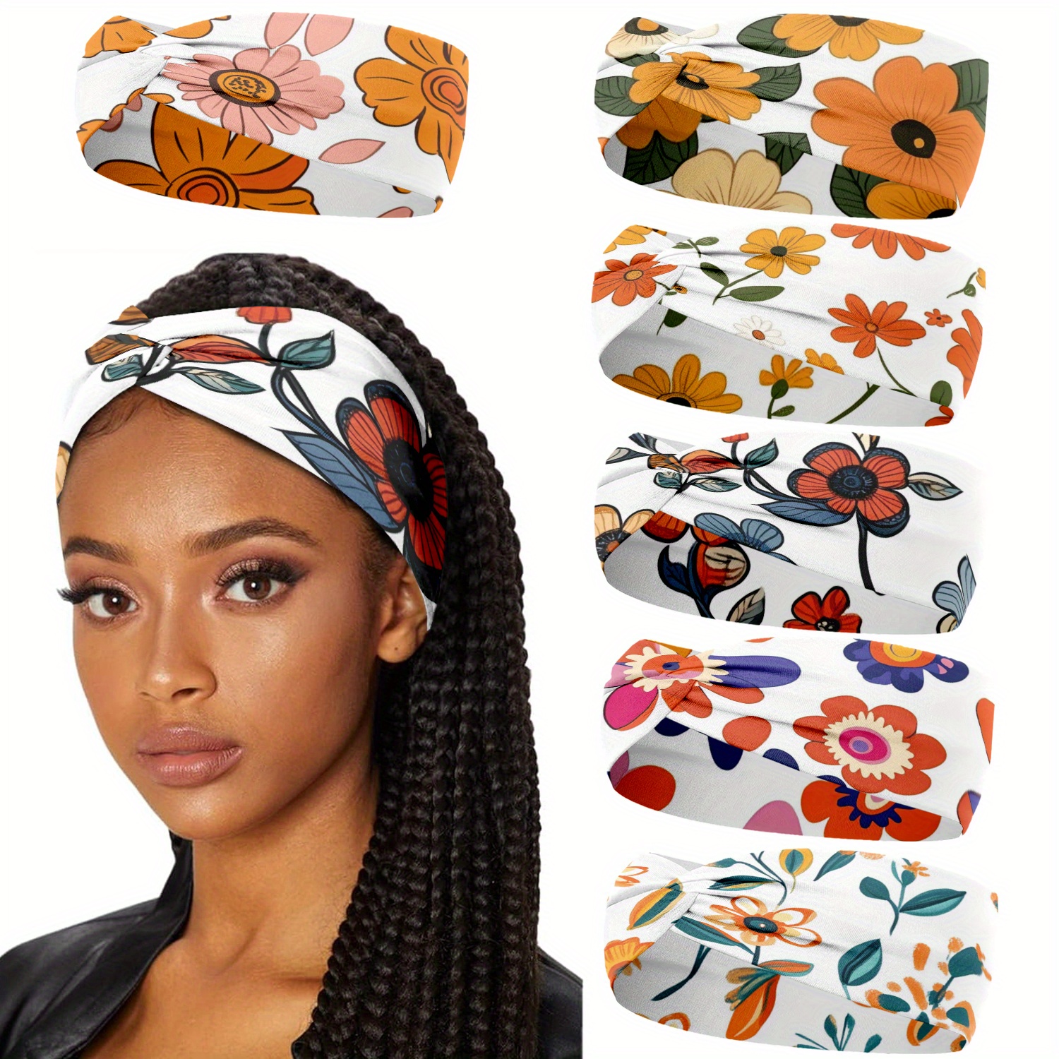 TEMU 6pcs Floral Print Headbands - Absorbent, Breathable, Stretchable, Fitness, Yoga, Running & Outdoor Activities, Stylish Hair Accessories|vibrant