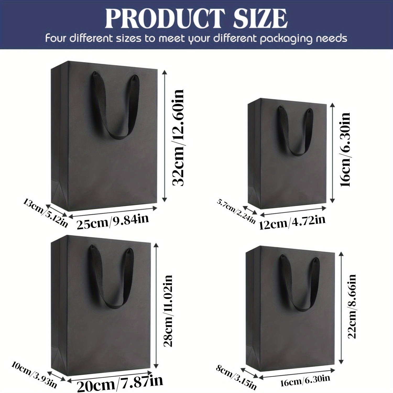 10pcs Elegant Black Paper Gift Bags with Sturdy Handles - Multiple Sizes for Weddings, Birthdays, Parties, Retail & Events - Durable Design for Shopping, Trinkets, Gift Wrapping & Retail Packaging, Reinforced Edges, Event Supplies, Stylish Packaging, Highquality Packaging, Wedding Planners