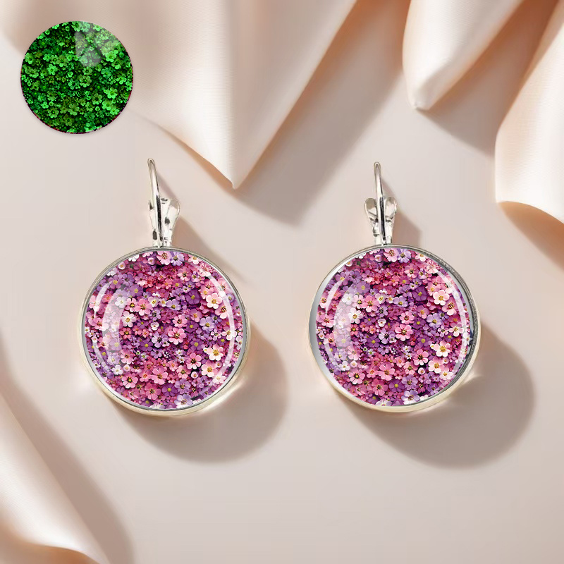 TEMU Pink-purple Floral Cluster Earrings, Fluorescent And Luminous Styles, Alloy Material With Glass Inlay, A Fashionable Gift For Women, Daily Wear