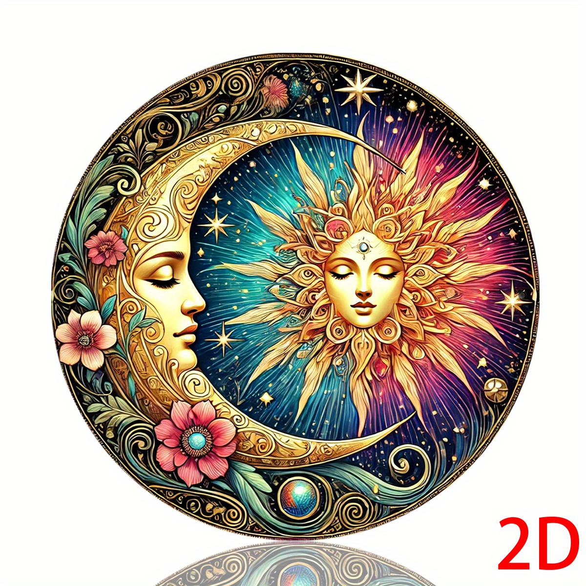 TEMU 2d Flat - Aluminum Wall Sign In A Flat 2d Design Featuring Vintage Mandala Art With Sun And Moon , With Floral And Celestial Patterns. This
