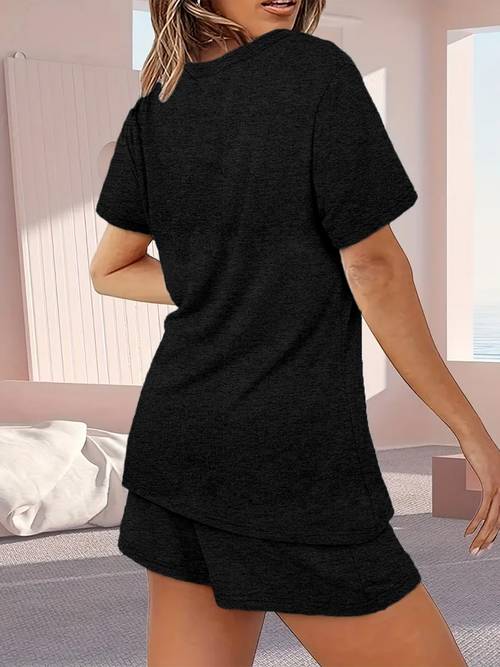 fashionable casual print womens spring and summer short sleeve t shirt v neck shorts set