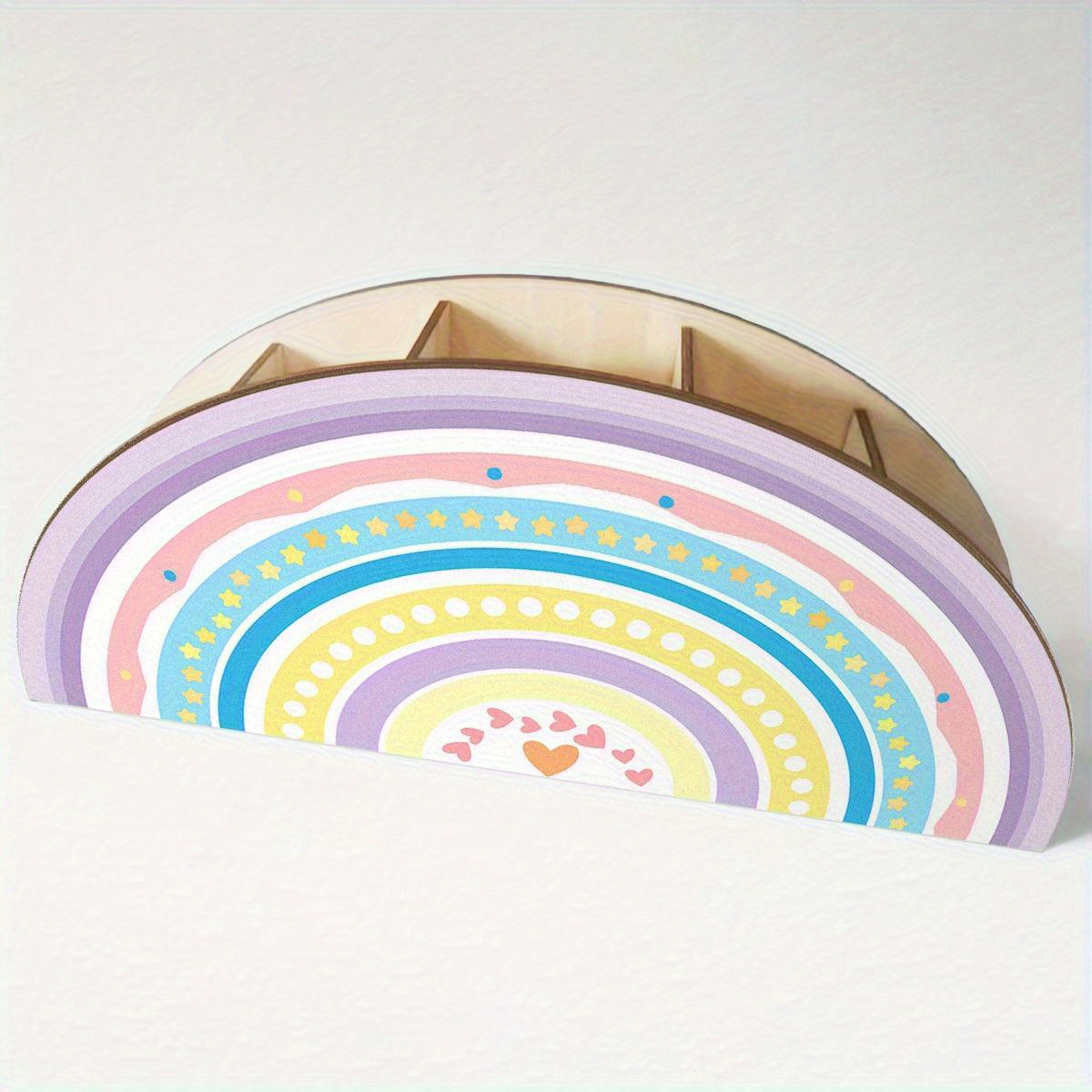 Image of 1pc Rainbow Pencil Holder Made Of Wood, Featuring 5 Compartments For Organizing Your Desk, A Colorful Wooden Desk Organizer, Perfect As End-of-year Gifts For Back-to-school Appreciation