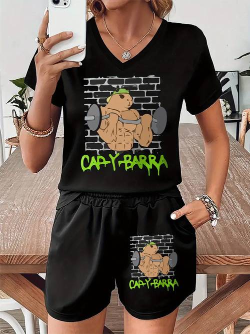 fashionable casual print womens spring and summer short sleeve t shirt v neck shorts set