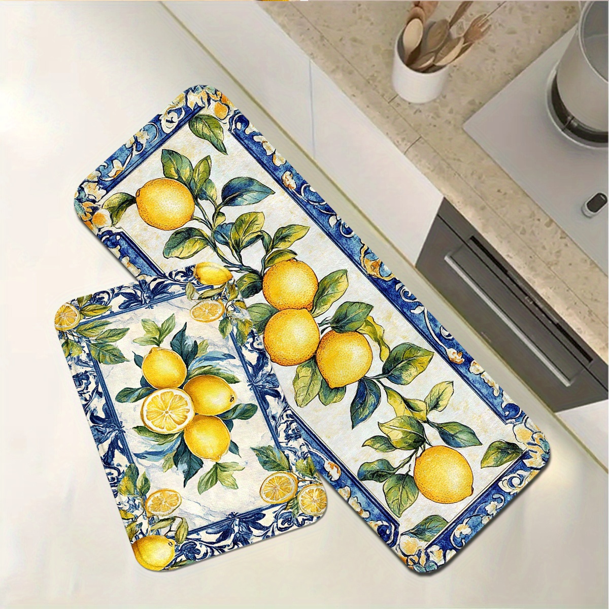 E-shop ./2 Stk. 1,2 cm Muster mit traditioneller Spitze Zitronen, Küchenbodenmatten, geeignet für Wohnzimmer, Küche, Schlafzimmer, Waschraum,