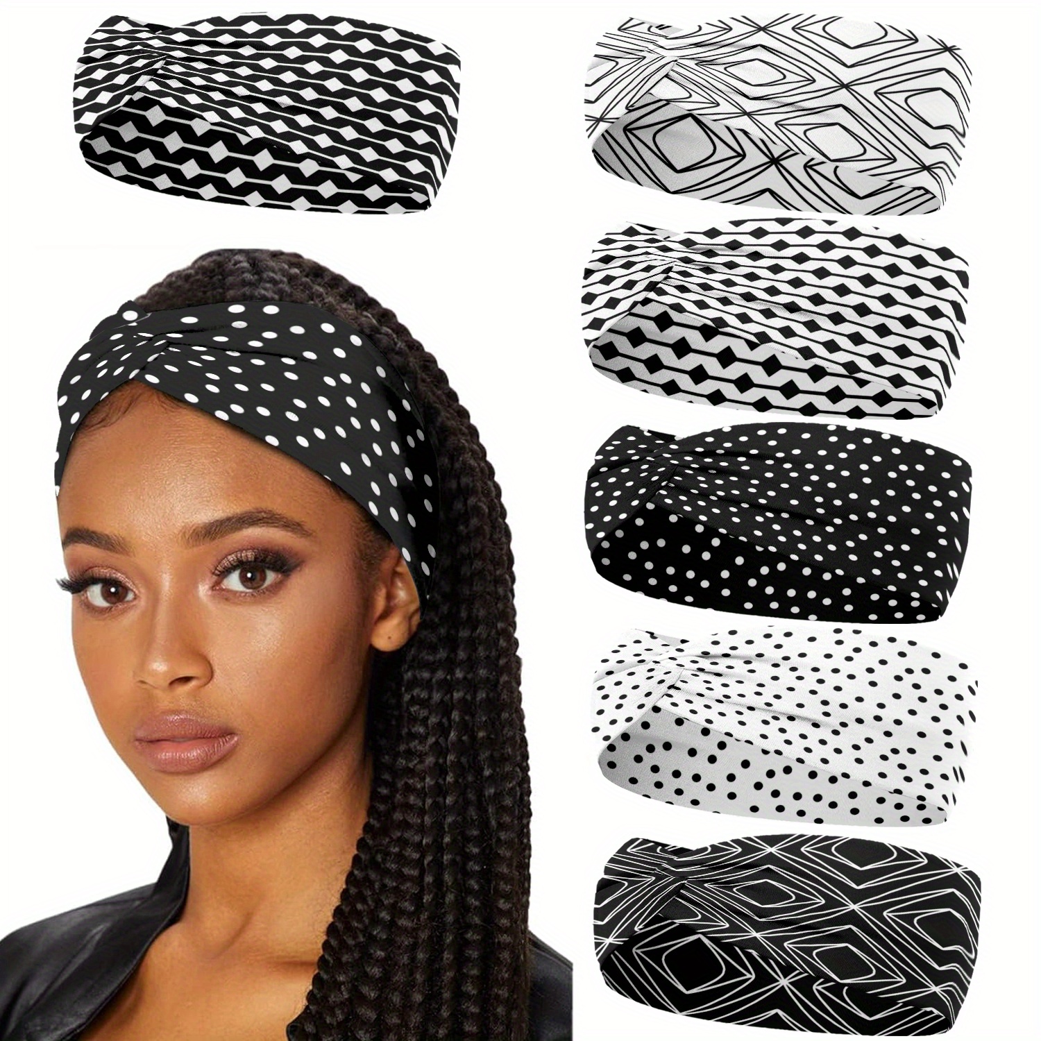 E-shop 6er-Pack Stirnbänder für Damen, gedreht, geknüpft, Damen Stirnband, Streifen, dehnbare Haarbänder, Kreuzschlitz-Turban, farbige Kopfbedeckung,