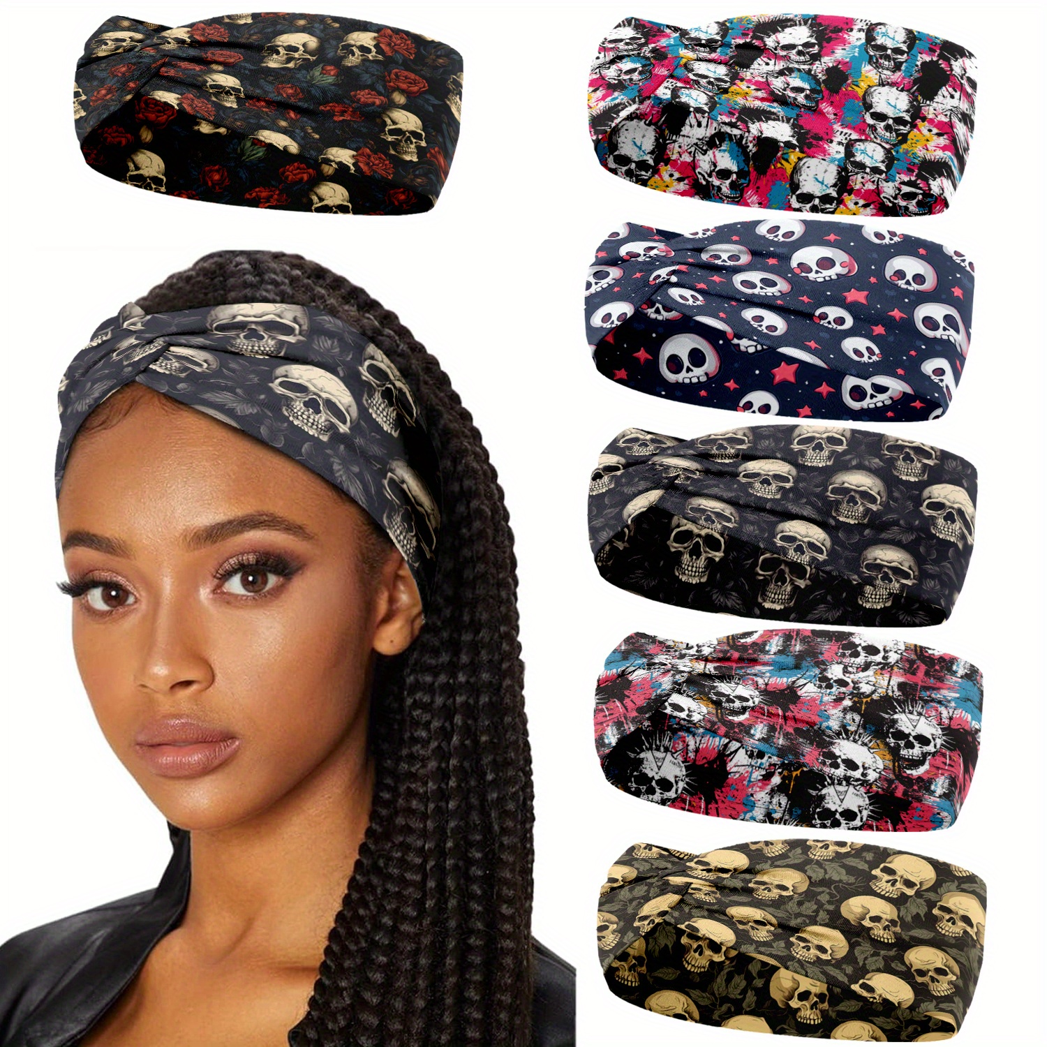 TEMU 6 Pack Women's Wide Headbands - Print Yoga Running Gym Headbands, Stretchy Workout Head Wraps With 6 Hair Ties, All- Accessories, Exercise Headband, Edgy Design, Multicolor Options
