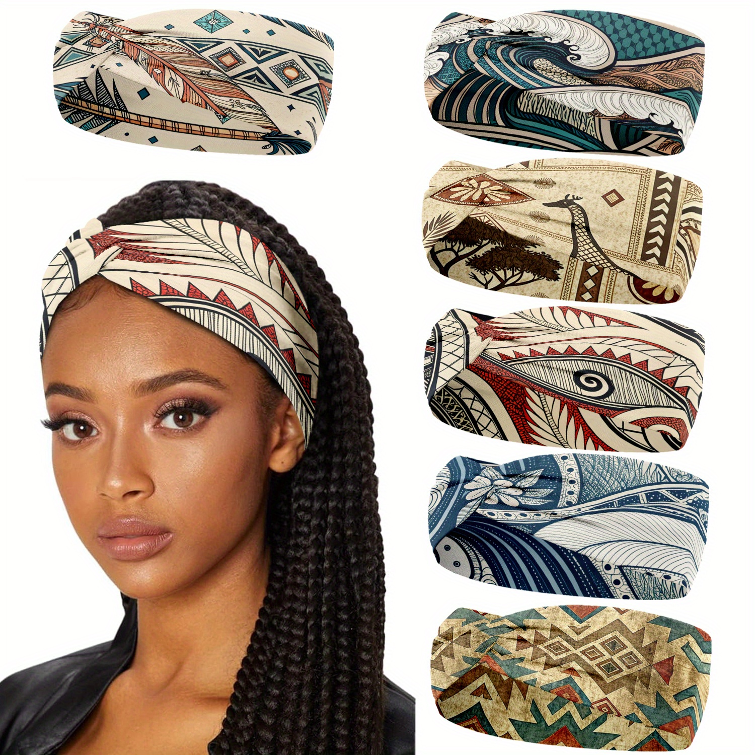Image of Headbands For 6pack Elastic Sports Hair Bands For, For Workout Yoga Fashion Hair Accessories, Trendy Head Bands, Bohemian Floral Pattern