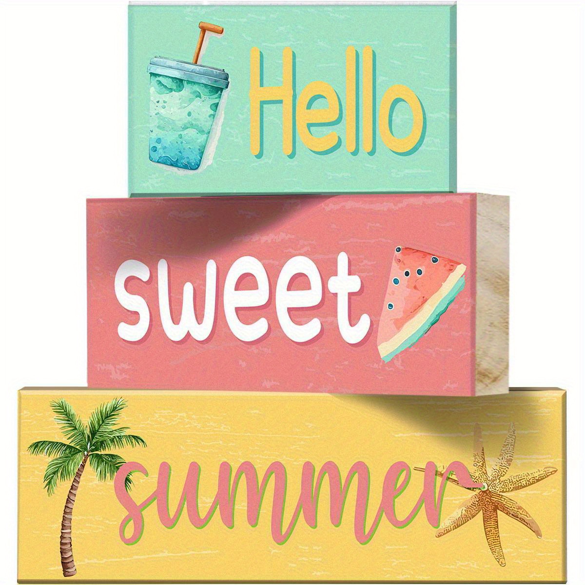 TEMU 3pcs Summer Wooden Block Decor Multi-item Party Favor Packs, Hello Summer Mini Desktop Decoration Tiered Tray Decor For Bedroom Living Room