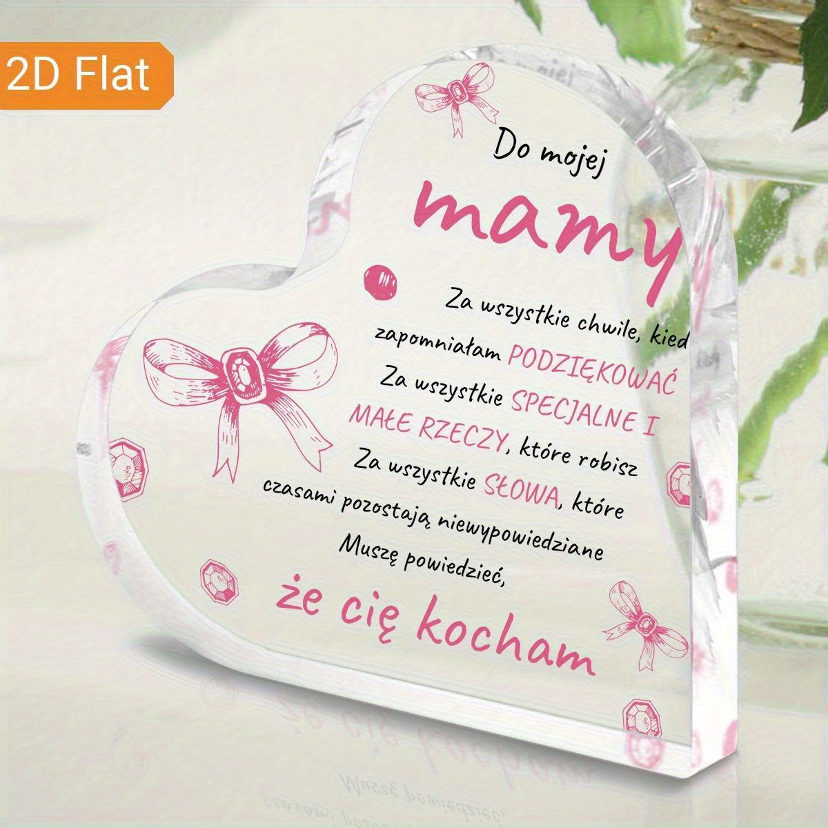 TEMU 2d Flat, 1pc Heart-shaped Acrylic Plaque For Mom - Polish & English Day Gift With Floral Design, Birthday Thank , Classic Tabletop Decor For