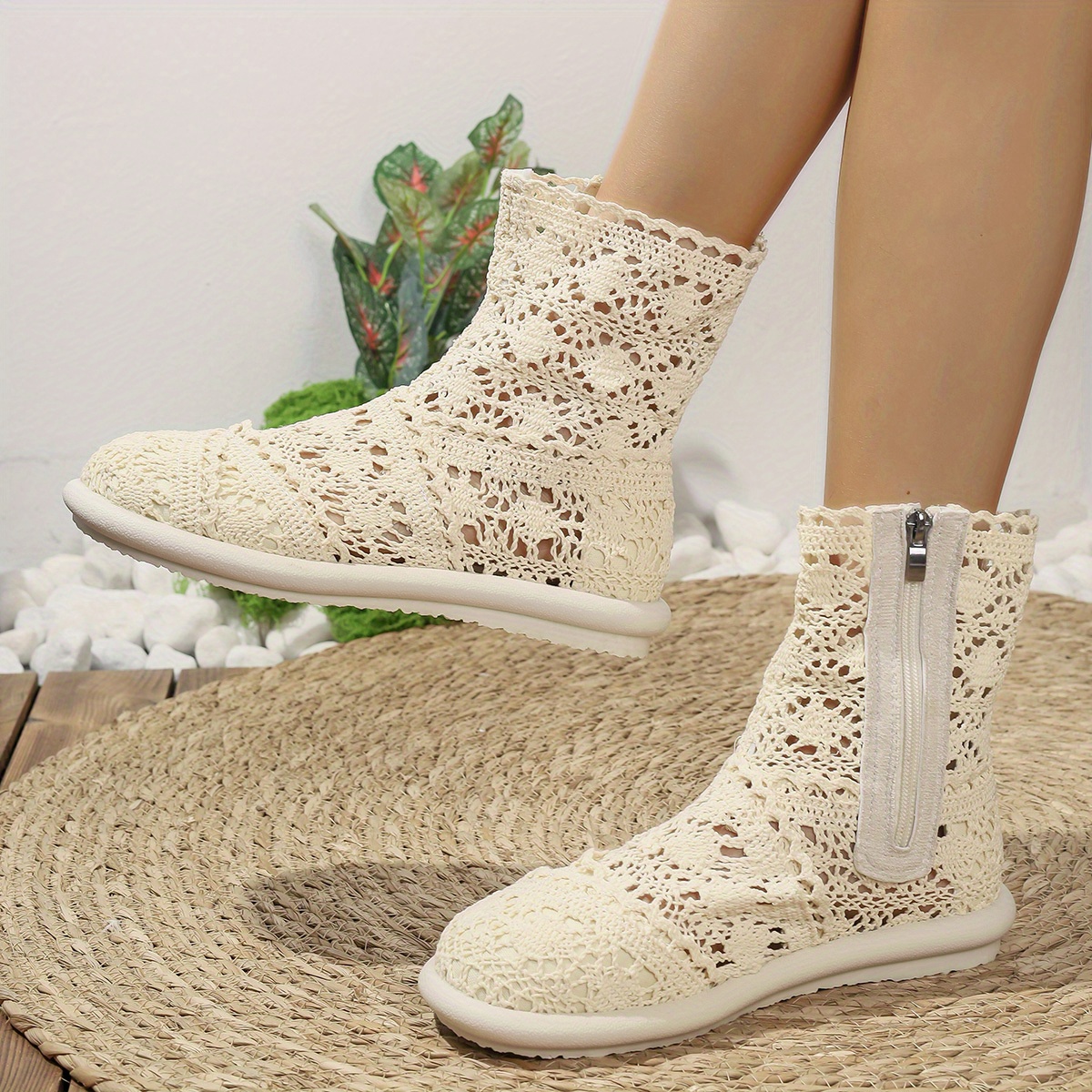 women's black summer ankle boots comfortable flat heel round - Main Image