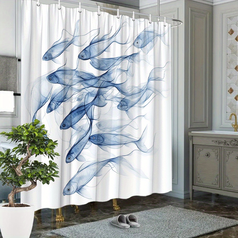 blue fish shower curtain hooks Funny Shark Fin with 12 Rings making it ideal for homes Blue Tropical Fish Shower Curtain