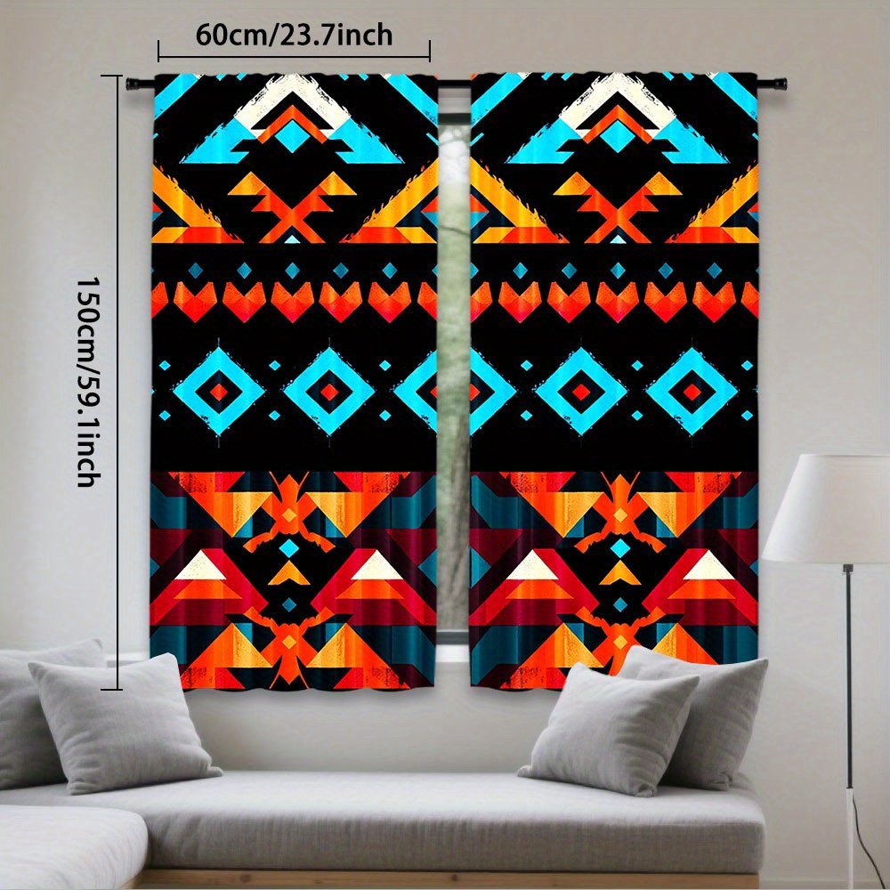 TEMU 2pcs, Elegant Southwestern Tribal Print Curtains Light Filtering Rod For Bedroom Living Room Office Decor And Seasonal Decoration