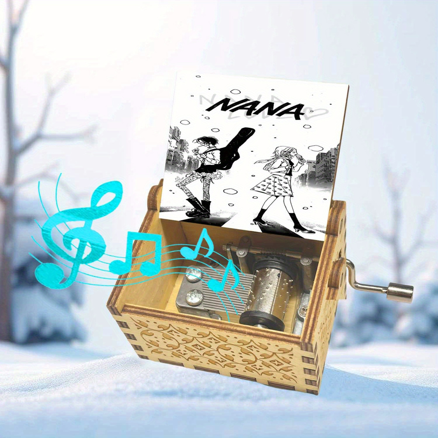 TEMU 1pc Vintage Wooden Hand-cranked Music Box, Romantic Japanese Pattern, Play , Music Box Gift For , Ideal For Birthdays, Christmas Gifts, Home